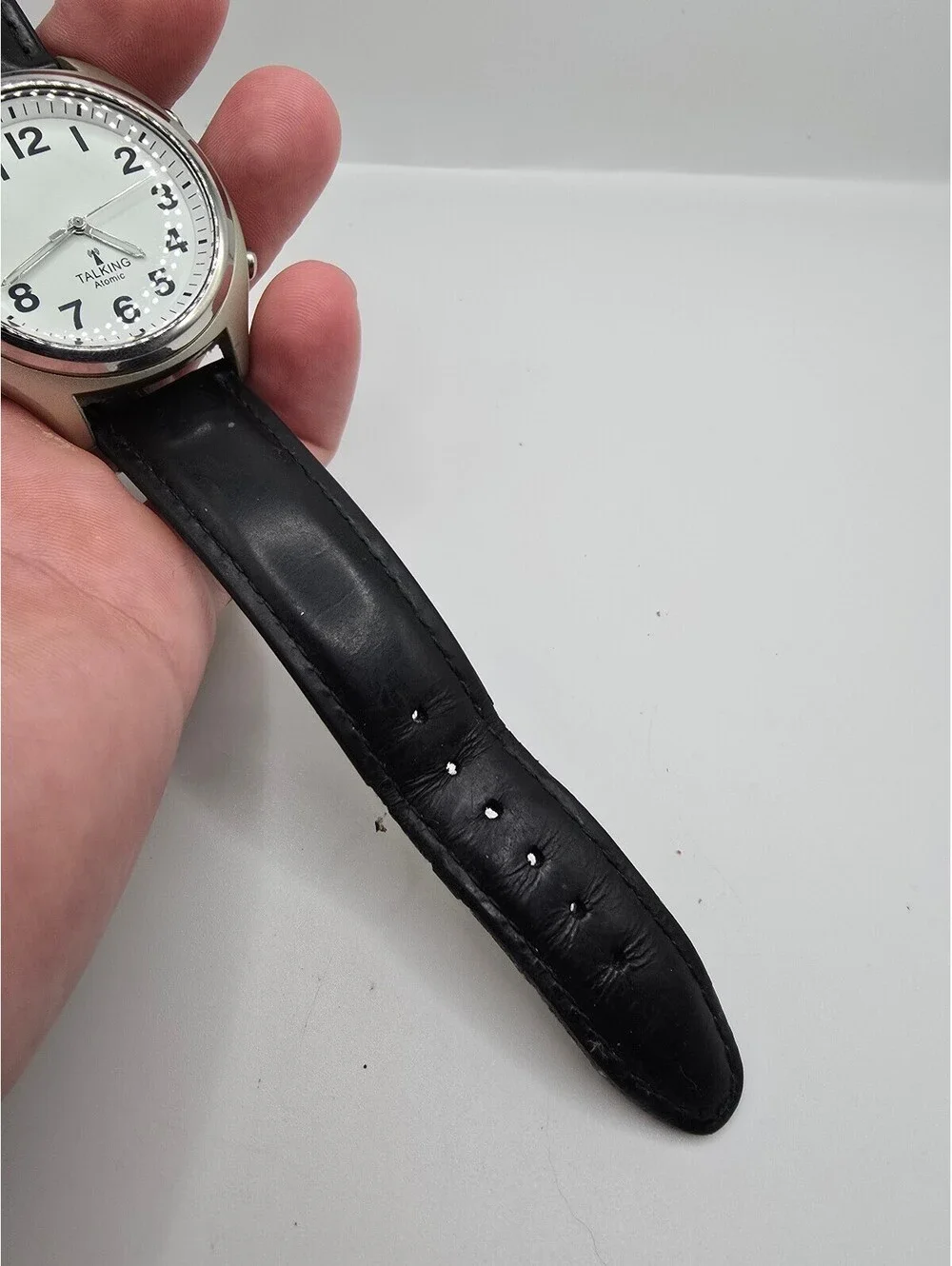 Talking Atomic Radio Controlled Quartz Analog Watch White Dial Black Leather